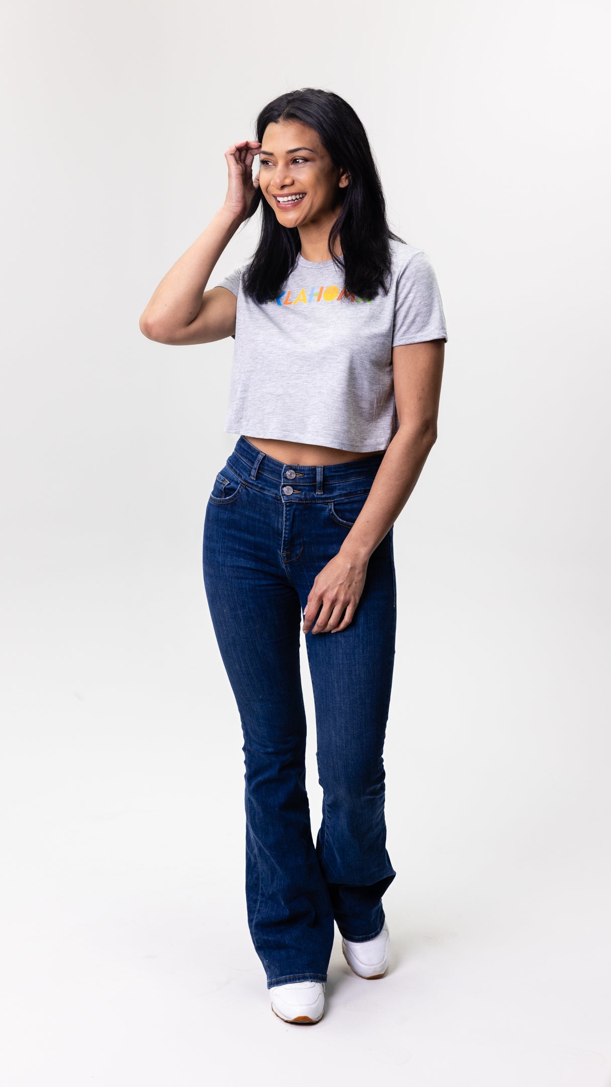 Modern Oklahoma Wordmark Crop Top Model