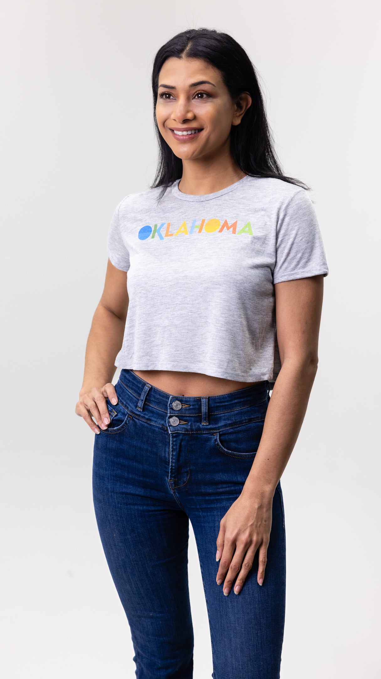 Modern Oklahoma Wordmark Crop Top Model