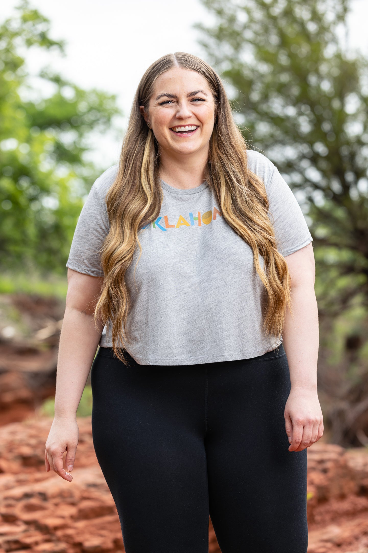 Modern Oklahoma Wordmark Crop Top Model