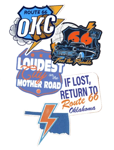 A set of Route 66 Oklahoma themed stickers displayed on a brown wood background. The stickers feature retro designs with blue, orange, white, and yellow elements, including a Route 66 OKC shield, a vintage car with 'Feel the Rumble', 'Loudest City or the Mother Road' text, 'If Lost, Return to Route 66 Oklahoma', and an Oklahoma state outline with a lightning bolt.