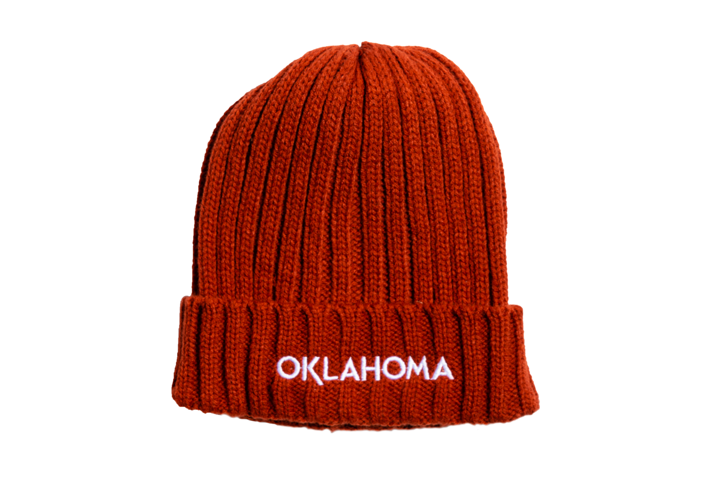 Oklahoma Wordmark Sustainable Cable Knit Beanie Rust