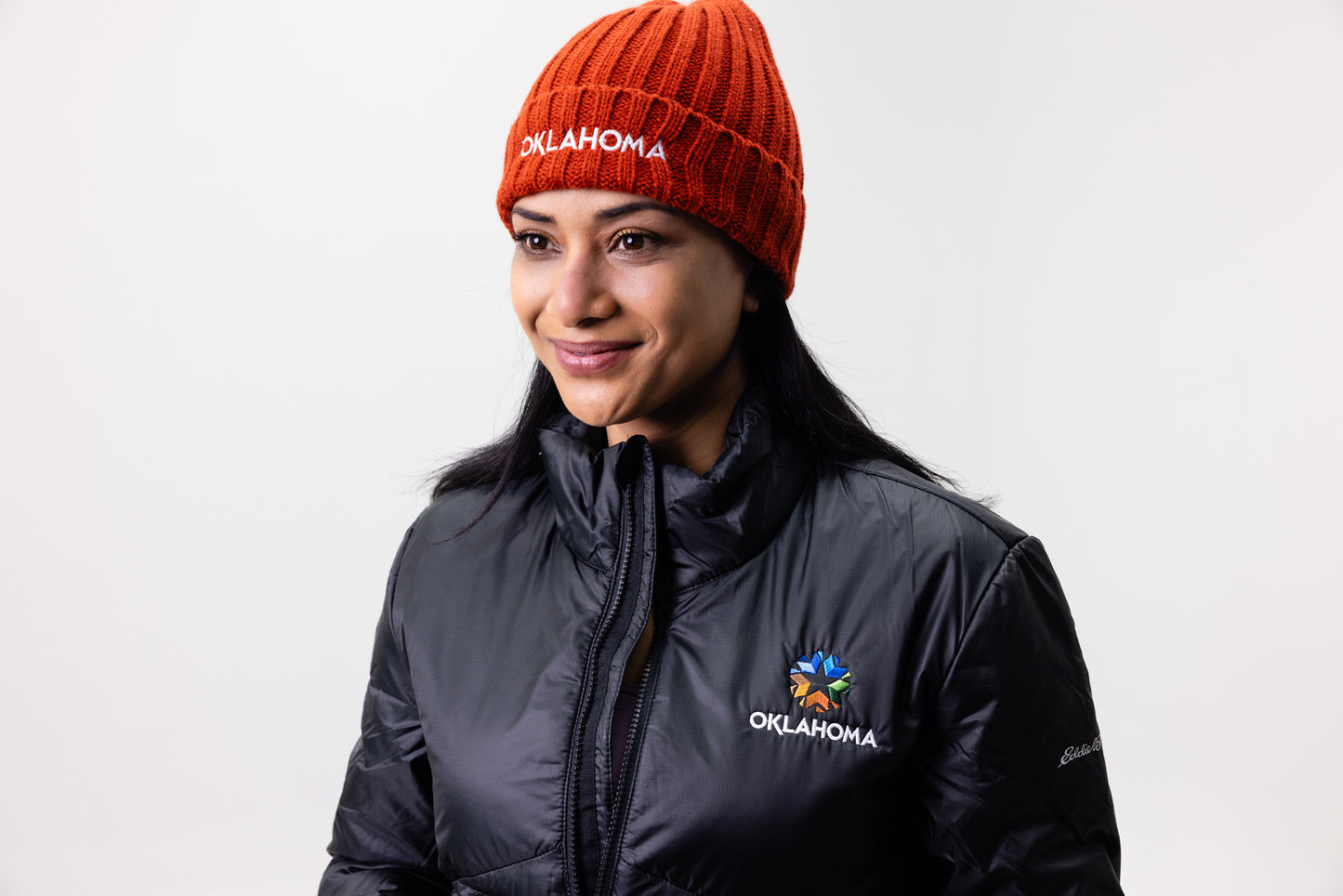 Oklahoma Wordmark Sustainable Cable Knit Beanie Rust
