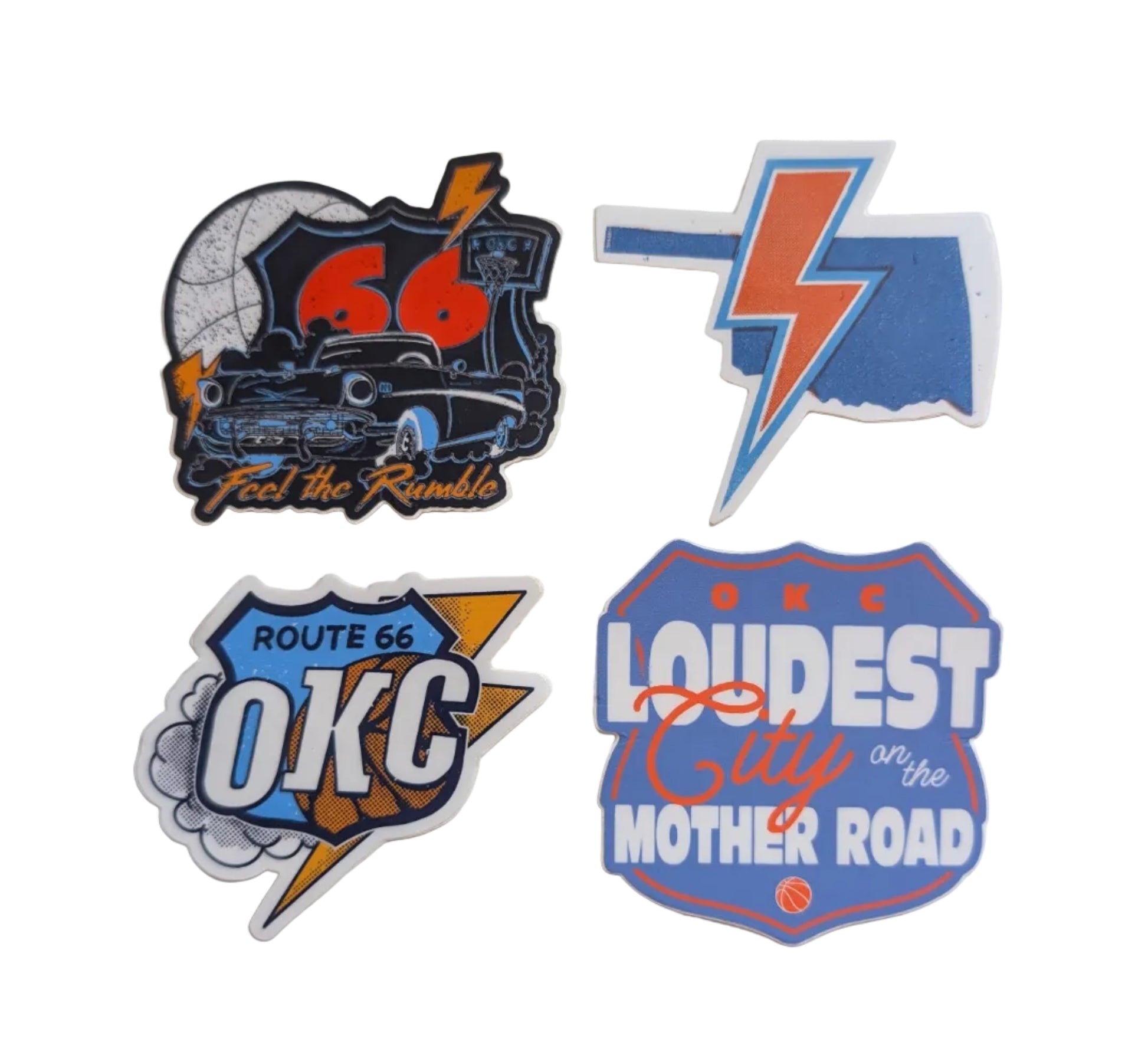 Four Route 66 themed stickers displayed on a white surface. The stickers feature various designs including a classic car with the '66', a blue lightning bolt, a blue 'Route 66 OKC' shield, and a blue 'Loudest City of the Mother Road' badge.